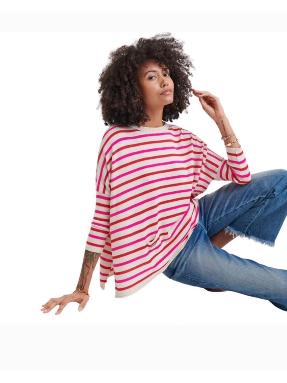 MERSEA Catalina Crewneck Travel Poppy Stripe Pink Red Oversized Coastal Chic P